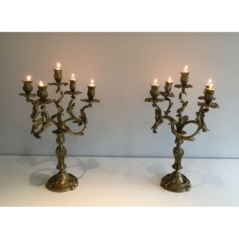Pair of Bronze Candelabras with 5 Light Arms, Circa 1900