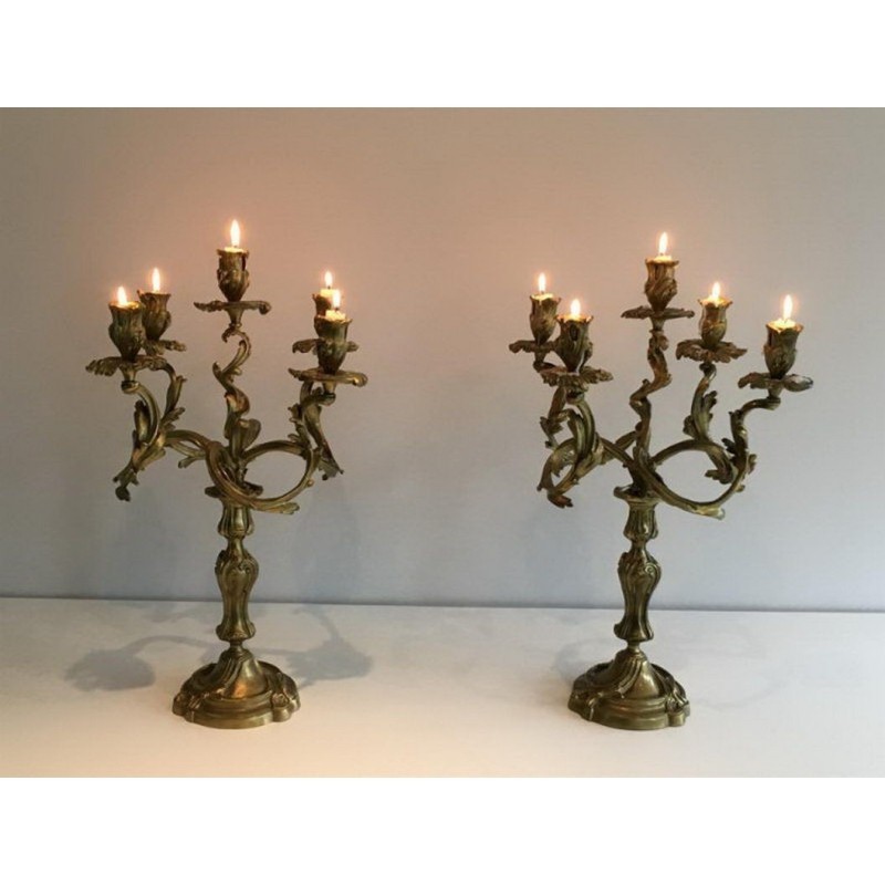 Pair of Bronze Candelabras with 5 Light Arms, Circa 1900