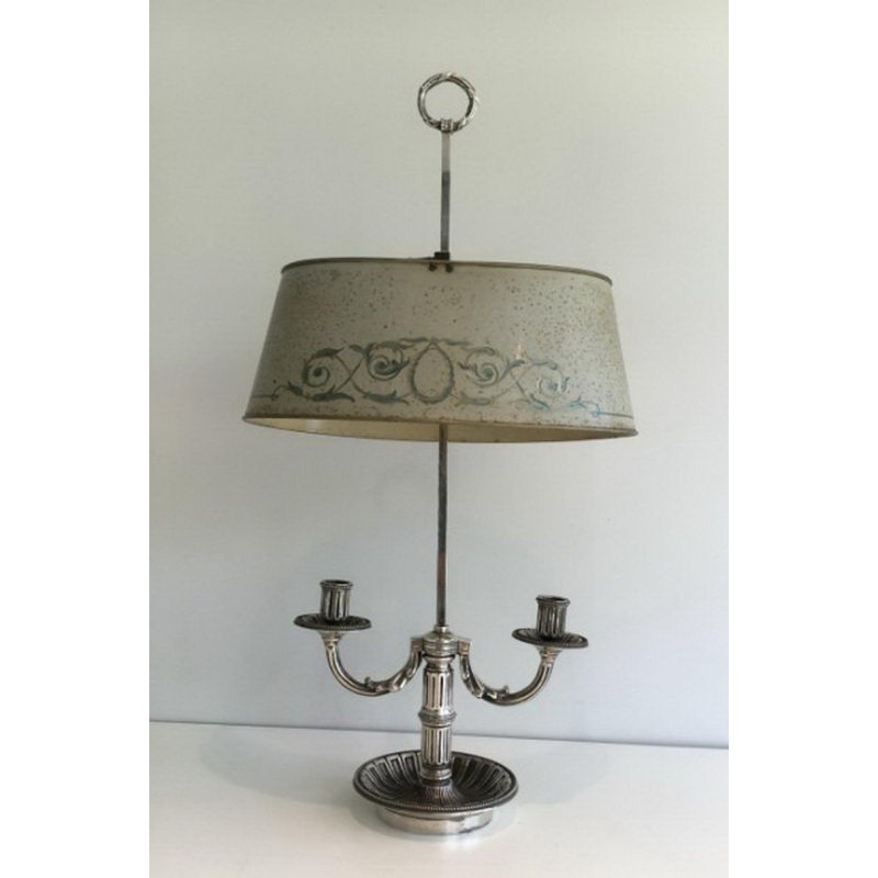 Louis XVI Style Silver-Plated Bouillotte Lamp with Painted Tole Shade, Circa 1900