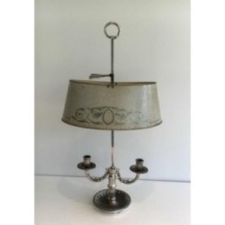 Louis XVI Style Silver-Plated Bouillotte Lamp with Painted Tole Shade, Circa 1900