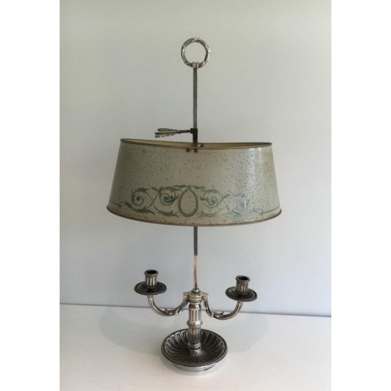 Louis XVI Style Silver-Plated Bouillotte Lamp with Painted Tole Shade, Circa 1900