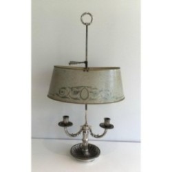 Louis XVI Style Silver-Plated Bouillotte Lamp with Painted Tole Shade, Circa 1900
