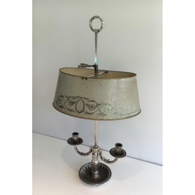 Louis XVI Style Silver-Plated Bouillotte Lamp with Painted Tole Shade, Circa 1900