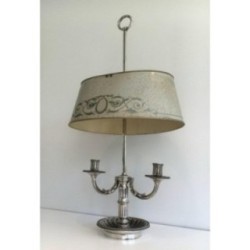 Louis XVI Style Silver-Plated Bouillotte Lamp with Painted Tole Shade, Circa 1900