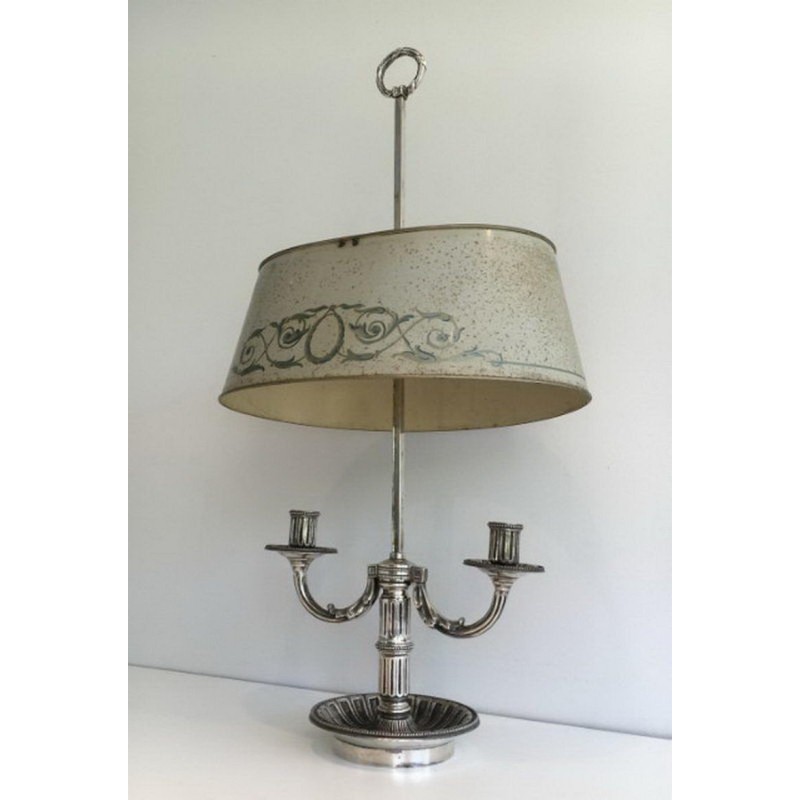 Louis XVI Style Silver-Plated Bouillotte Lamp with Painted Tole Shade, Circa 1900