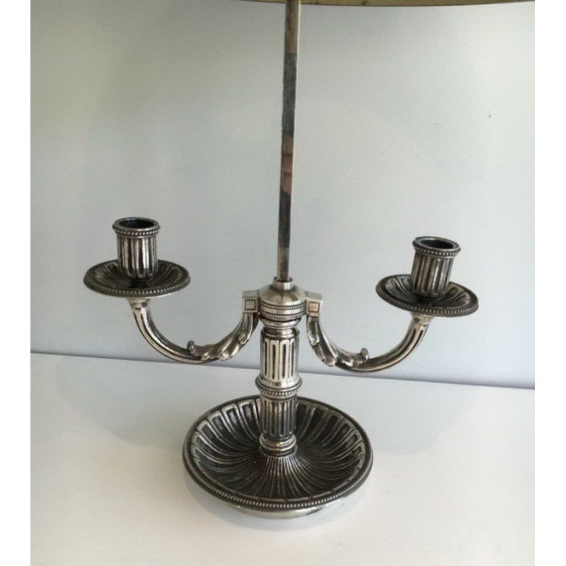 Louis XVI Style Silver-Plated Bouillotte Lamp with Painted Tole Shade, Circa 1900