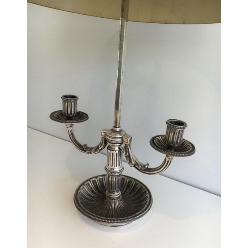 Louis XVI Style Silver-Plated Bouillotte Lamp with Painted Tole Shade, Circa 1900