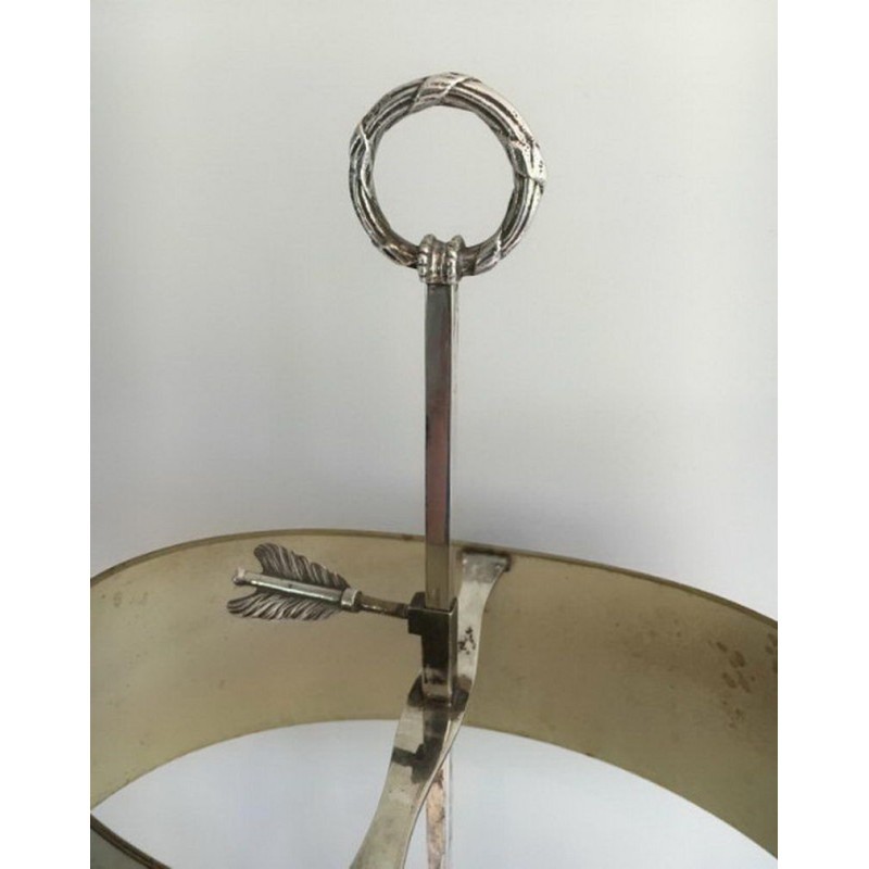 Louis XVI Style Silver-Plated Bouillotte Lamp with Painted Tole Shade, Circa 1900