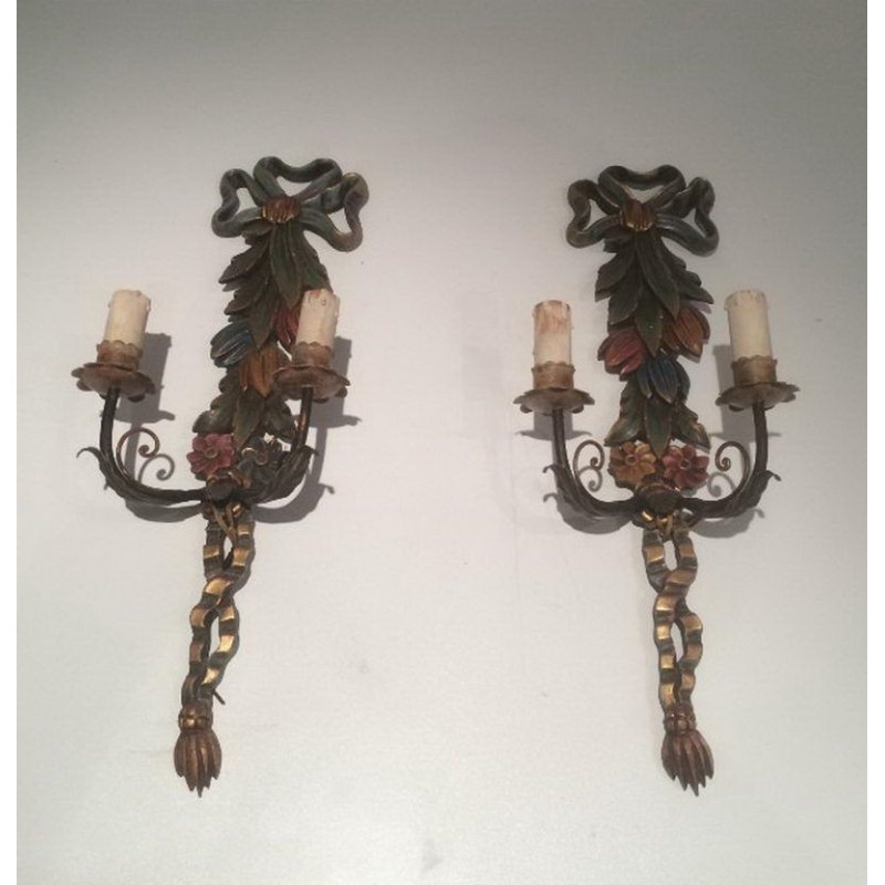 Pair of Italian Wall Sconces in Carved Patinated Wood, Circa 1960