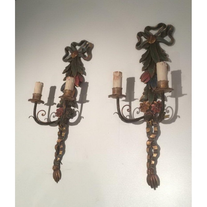 Pair of Italian Wall Sconces in Carved Patinated Wood, Circa 1960