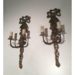 Pair of Italian Wall Sconces in Carved Patinated Wood, Circa 1960