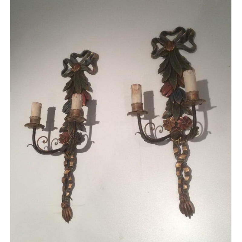 Pair of Italian Wall Sconces in Carved Patinated Wood, Circa 1960