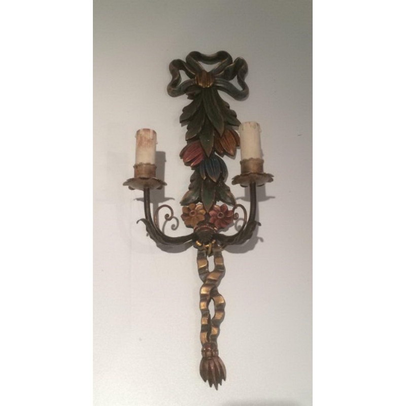 Pair of Italian Wall Sconces in Carved Patinated Wood, Circa 1960