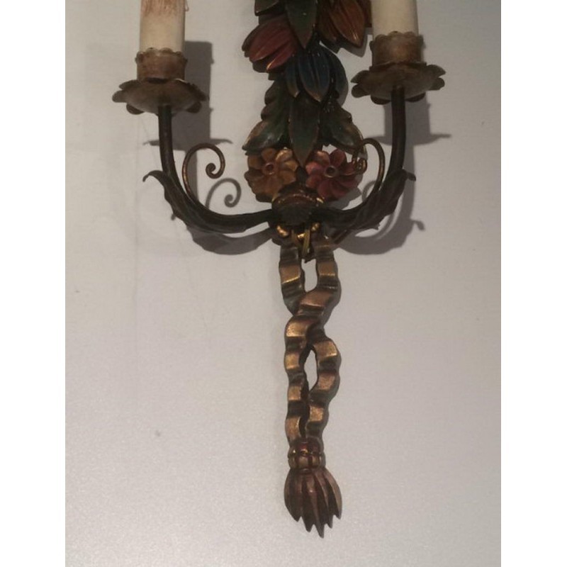 Pair of Italian Wall Sconces in Carved Patinated Wood, Circa 1960