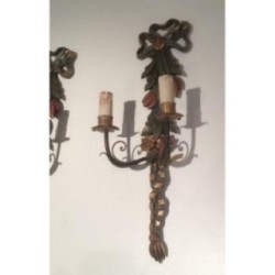 Pair of Italian Wall Sconces in Carved Patinated Wood, Circa 1960