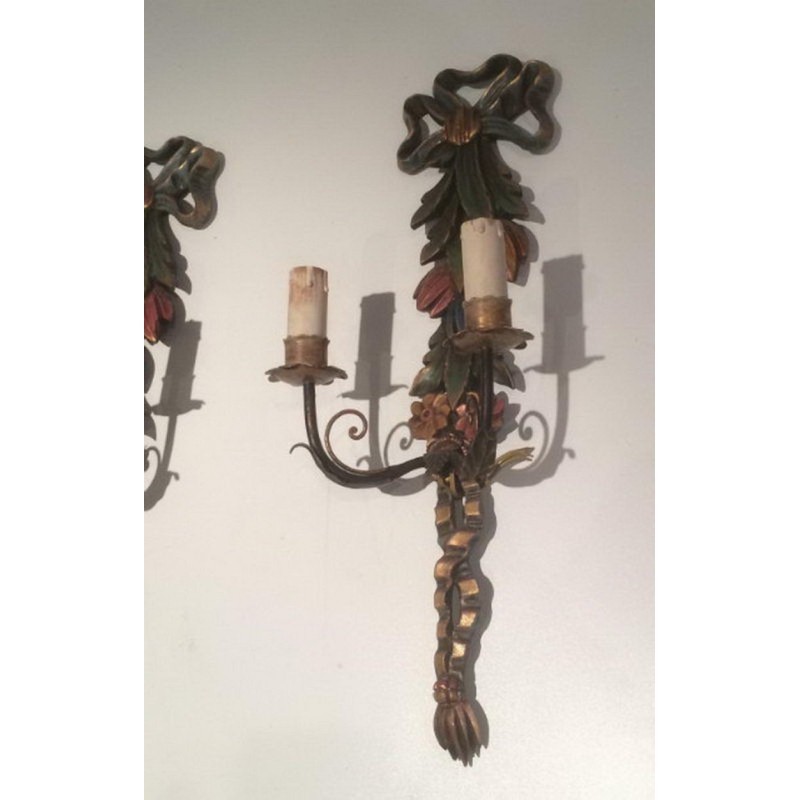 Pair of Italian Wall Sconces in Carved Patinated Wood, Circa 1960
