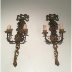 Pair of Italian Wall Sconces in Carved Patinated Wood, Circa 1960