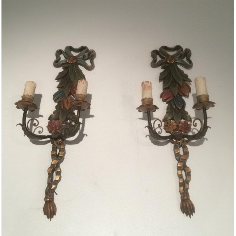 Pair of Italian Wall Sconces in Carved Patinated Wood, Circa 1960