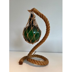 Rope and Green Glass Table Lamp by Audoux-Minet, French Work, circa 1950
