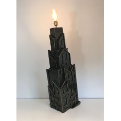 Unique Brutalist Patinated Wood Floor Lamp, Signed AR-BO, French Work, circa 1990