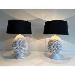 Pair of Large White Ceramic Table Lamps, French Work, circa 1970