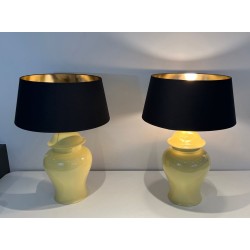 Pair of Yellow Ceramic Table Lamps, Signed Kostka, French Work, circa 1970