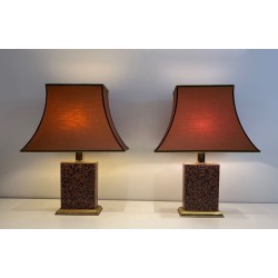 Pair of Chinoiserie Table Lamps, Printed Wood & Gilt Metal, Pagoda Shades, French Work, circa 1970