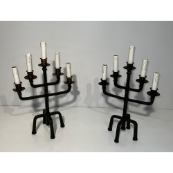 Pair of Five-Arm Wrought Iron Candelabras, Patinated & Gilt, French Work, circa 1940
