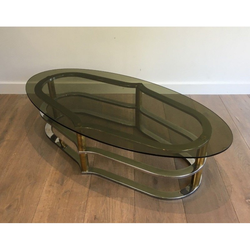 Table basse ovale chrome et laiton