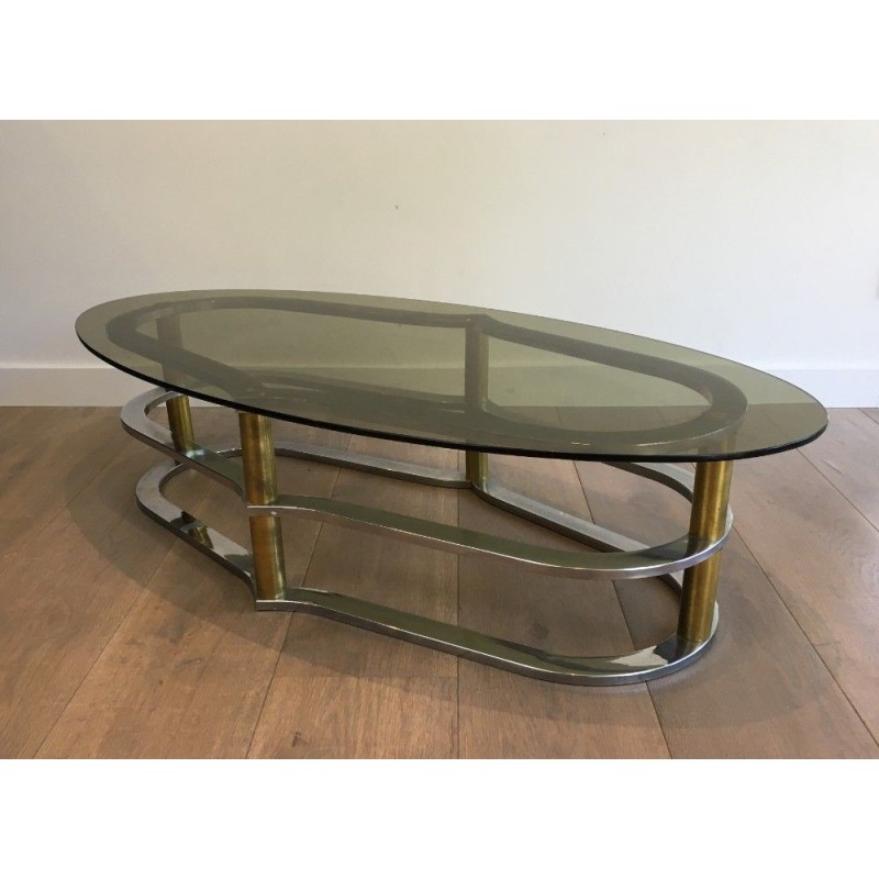 Table basse ovale chrome et laiton