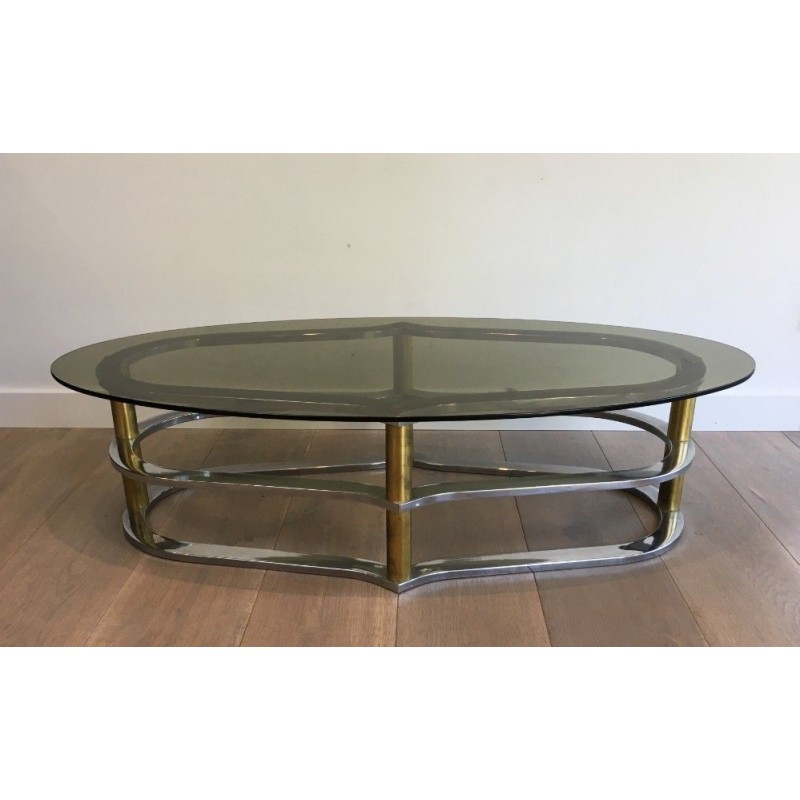 Table basse ovale chrome et laiton