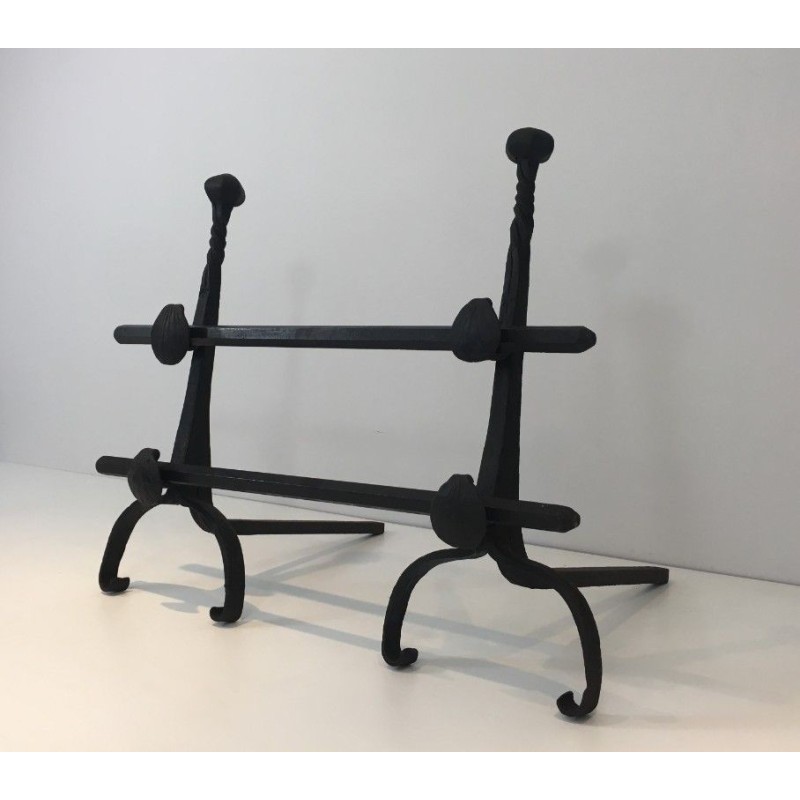 Paire de Chenets en Fer Forgé avec Double Barres