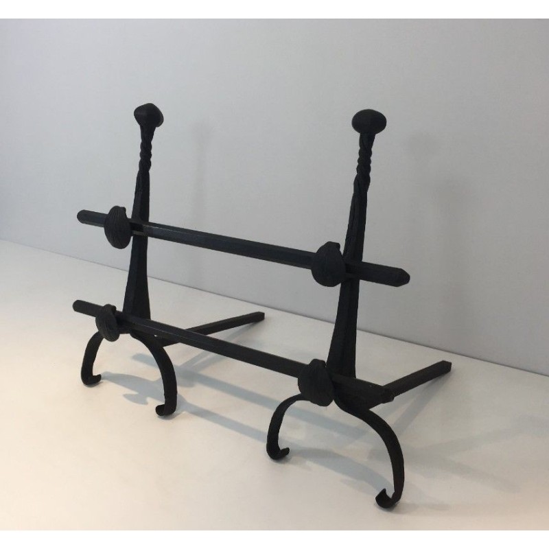 Paire de Chenets en Fer Forgé avec Double Barres