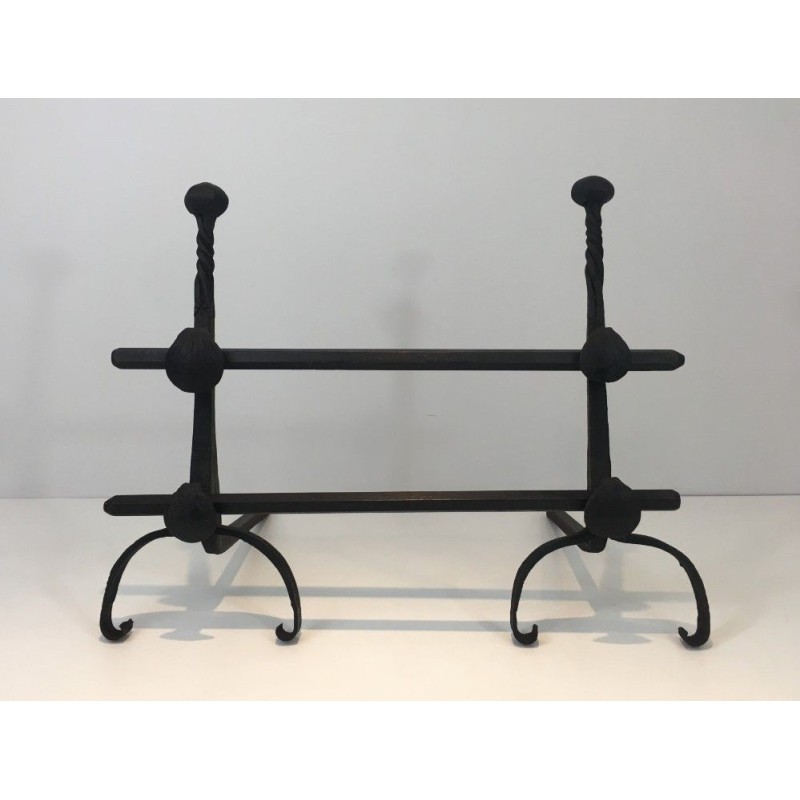 Paire de Chenets en Fer Forgé avec Double Barres