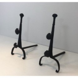 Paire de Chenets en Fer Forgé avec Double Barres
