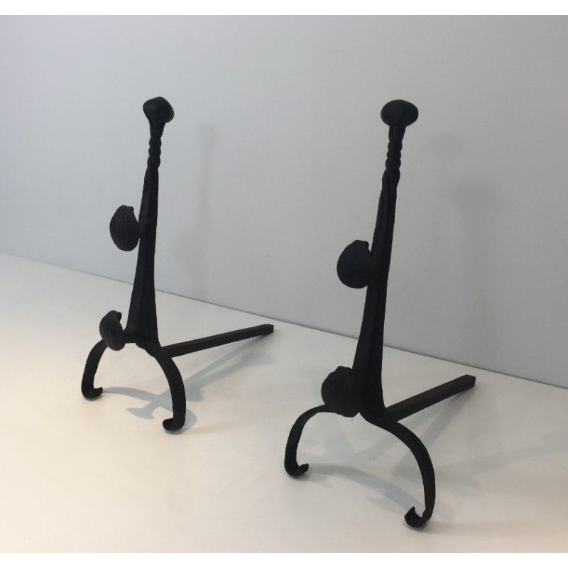 Paire de Chenets en Fer Forgé avec Double Barres