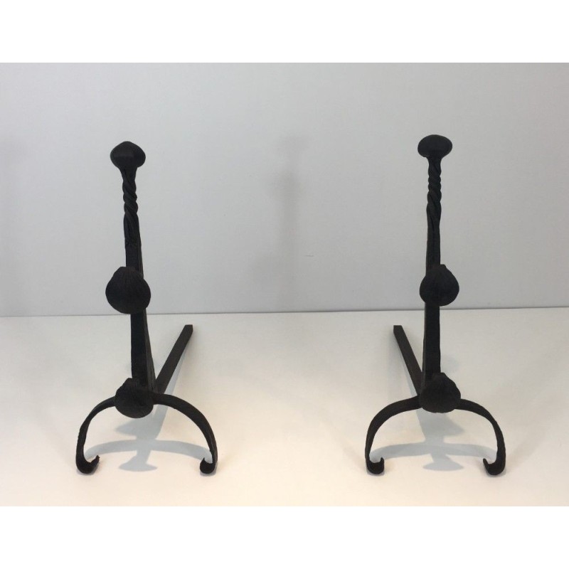 Paire de Chenets en Fer Forgé avec Double Barres
