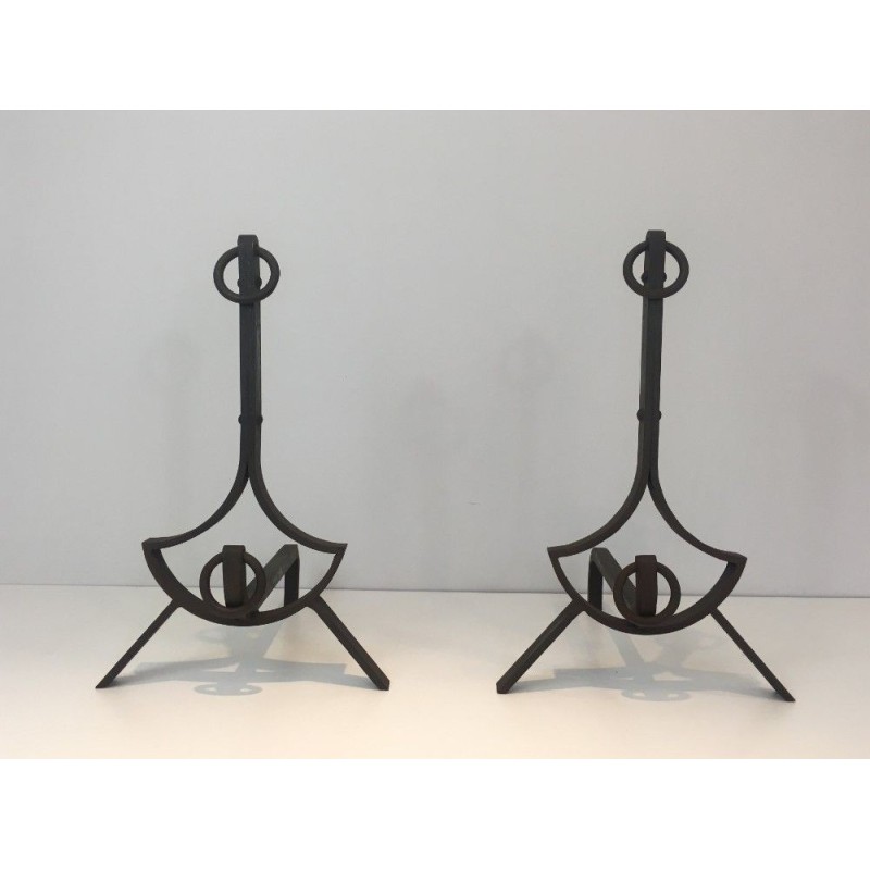 Paire de Chenets Modernistes en Fer forgé