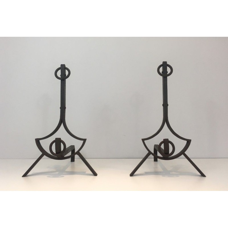 Paire de Chenets Modernistes en Fer forgé