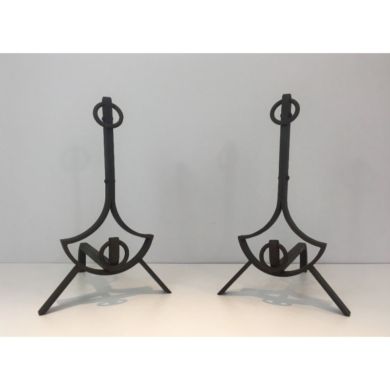 Paire de Chenets Modernistes en Fer forgé