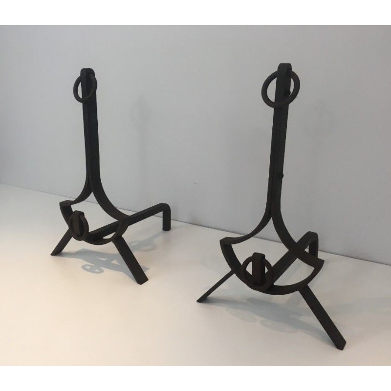 Paire de Chenets Modernistes en Fer forgé
