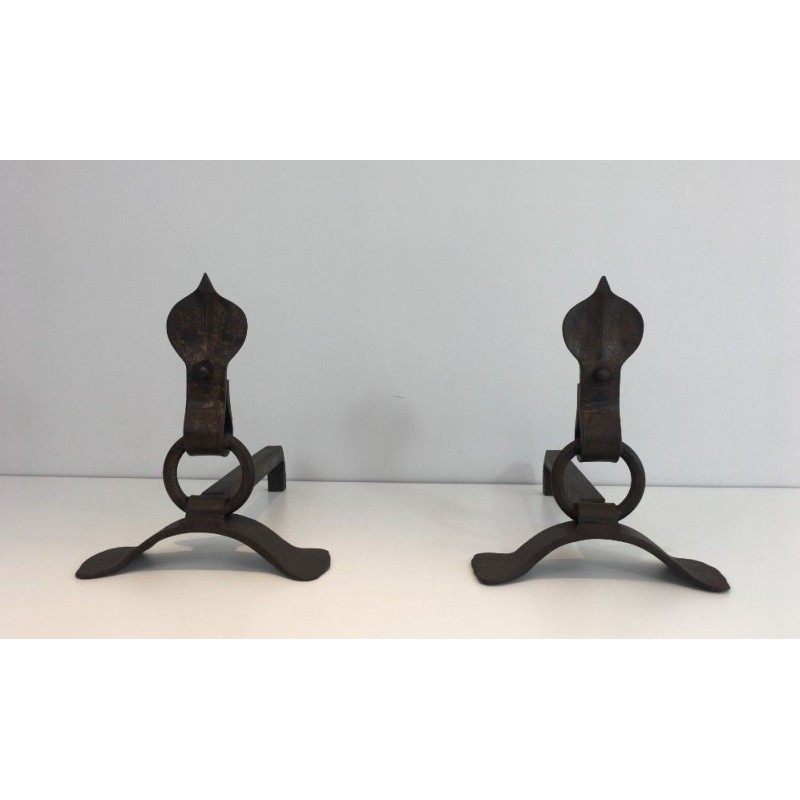 Paire de Chenets Modernistes en Fer Forgé