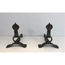 Paire de Chenets Modernistes en Fer Forgé