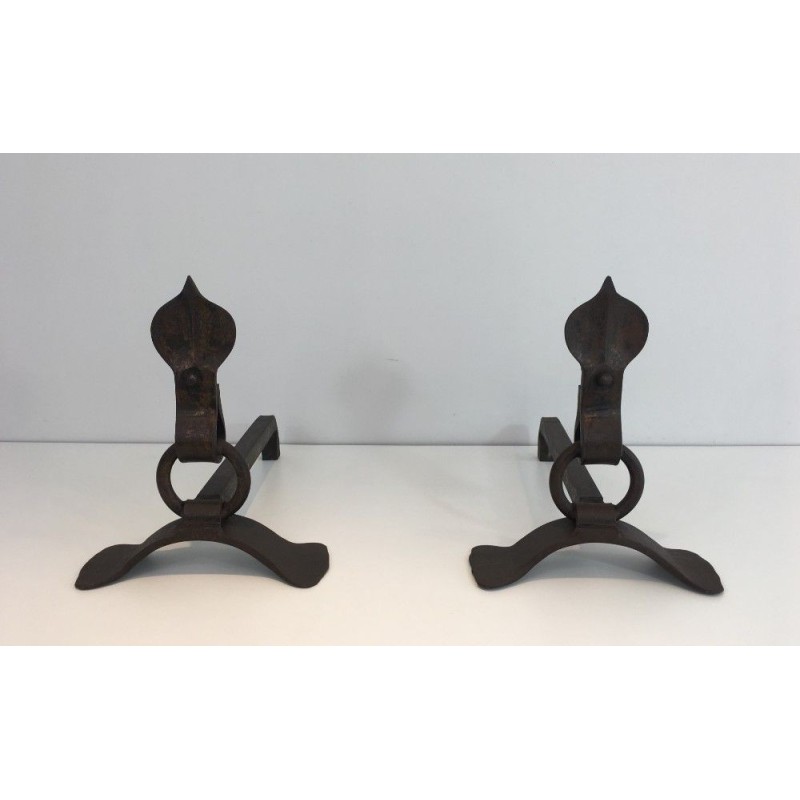 Paire de Chenets Modernistes en Fer Forgé