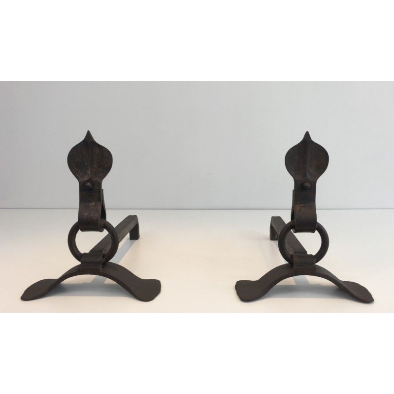 Paire de Chenets Modernistes en Fer Forgé