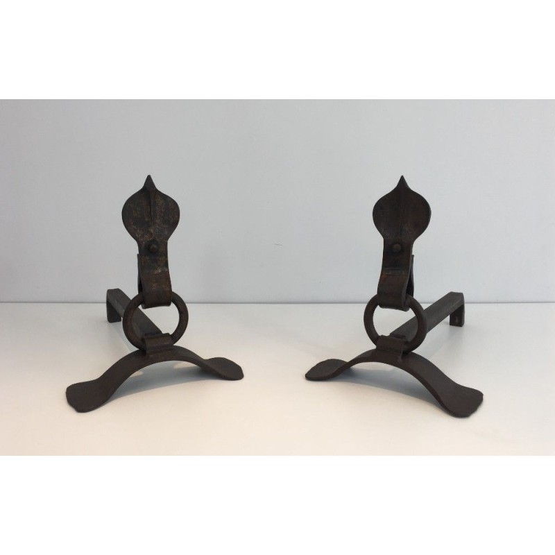 Paire de Chenets Modernistes en Fer Forgé