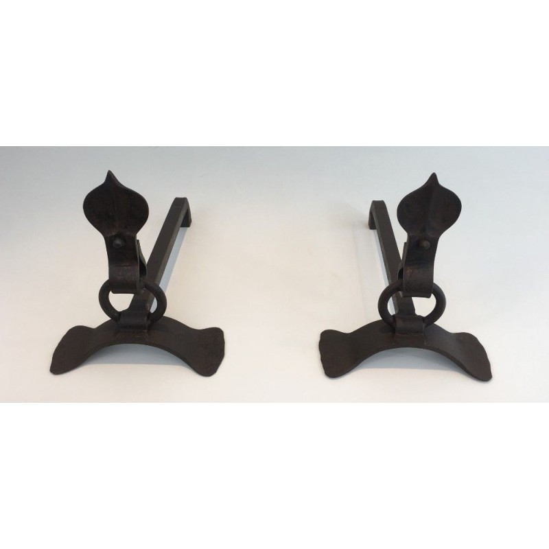 Paire de Chenets Modernistes en Fer Forgé