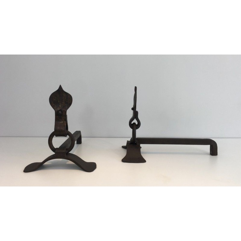 Paire de Chenets Modernistes en Fer Forgé