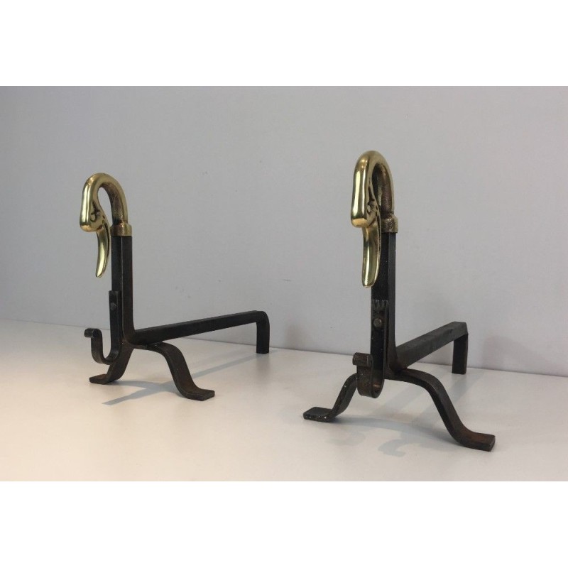Paire de Chenets en Fer Forgé et Laiton.