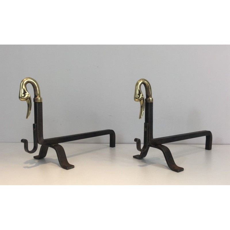 Paire de Chenets en Fer Forgé et Laiton.
